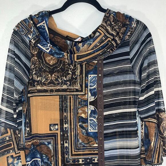 ANAC Women Mesh Abstract Print Dress cowl Neck Sz L Boho Art 90s Y2K bell Sleeve - Picture 5 of 12